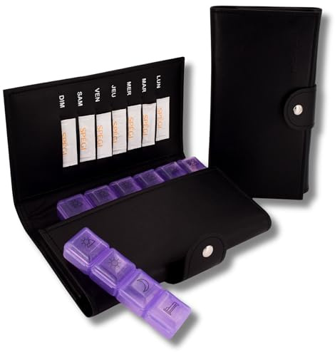 MEDIPILL - Pilulier Semainier Français | Organisation Hebdomadaire des Médicaments | 28 Compartiments | 7 Jours, 4 Prise par Jour | Sacoche | Pilulier cardio | Violet | MED-S28P-XL-V
