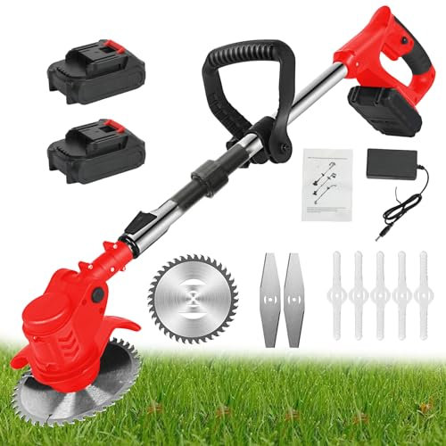 24V Cordless Grass Strimmer | 20000RPM Garden Strimmer with 2 2000mAh Batteries, 3 Types Blades, Lightweight/Quick Charging/Extendable Handle, Lawn Edger for Pruning Weed (24V Red)