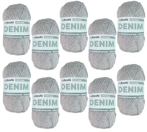 myboshi Denim, veganes Jeansgarn, recycelte Baumwolle zum Häkeln und Stricken, 50% recyceltes Denim, 50% Baumwolle (Bio), 50g, Ll 135m Hellblau (Vintage) 10 Knäuel