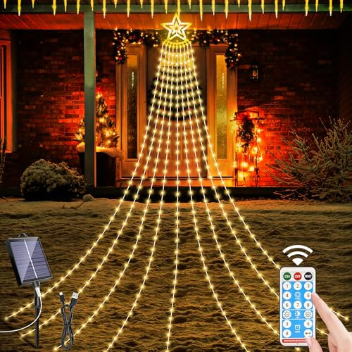 HELESIN Solar Weihnachtsbeleuchtung Außen Stern，350 LED 9 Girlanden Lichterkette Weihnachtsbaum Aussen，8 Modi Timer Wasserdicht Solar Led Christbaumbeleuchtung fur Tannenbaum Weihnachtsdeko（Warmweiß）