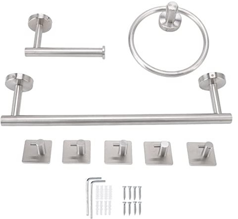 Juego de Toallero de Acero Inoxidable, Soporte para Pañuelos Fácil de Instalar, Juego de Accesorios de Baño Multiusos con 5 Ganchos para Toallas, Artículos de Tocador, Albornoz