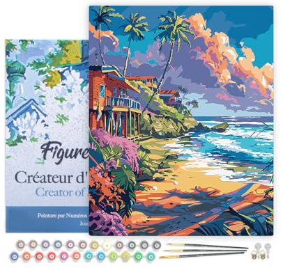 Figured'Art Peinture par Numéro Adulte avec Cadre Maisons en bord de plage - Activité Manuelle Kit de Loisir Créatif DIY Numéro d'Art Complet - 40x50cm toile tendue sur châssis