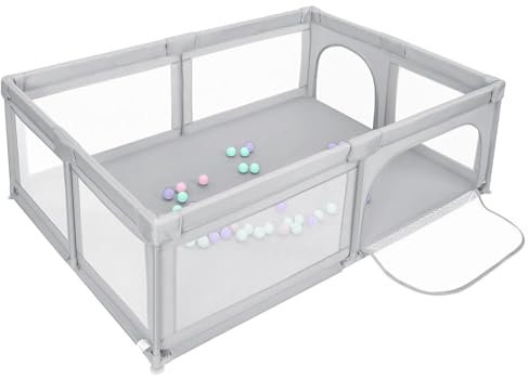 Laufstall Baby, Laufgitter Baby mit Spielmatte, Laufstall Baby, Laufstall xxl, Laufgitter mit Atmungsaktivem Netz an Vier Seiten und Saugnäpfen-205 * 147 * 66 cm – hellgrau