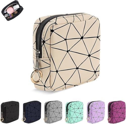Trousse Maquillage Femme Petit Mini Pochette Rangement à Maquillage Kit Voyage Essentiels Produit Trousse de Toilette en PU Cuir Imperméable Cadeau pour Femme Fille Enfant Anniversaire(Beige-1pc)