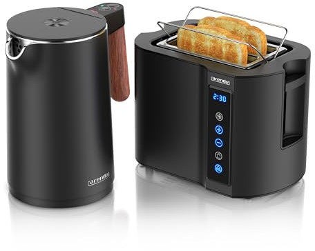 Arendo - Wasserkocher Toaster SET - Edelstahl - Wasserkocher mit Temrpatureinstellung - 45-100 Grad - Warmhaltefunktion - Toaster 2 Scheiben mit Touch Display - mit Brötchaufsatz - Schwarz Matt
