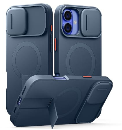 SURITCH Magnetic Case Compatible with iPhone 16 Plus, Shockproof Bumper Case Slim Protective Cover with Slide Camera Cover and Adjustable Kickstand(Deep Blue)