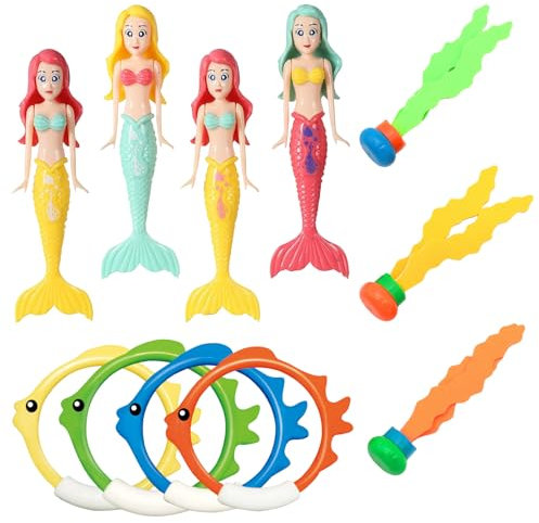 IOPJLK Juego de Juguetes de Buceo subacuáticos, 11 Unidades, Anillos de Buceo para niños a Partir de 4 – 12, Anillos de Pesca de Buceo, Sirenas sumergibles, Juego de Juguetes de Algas, Regalo de