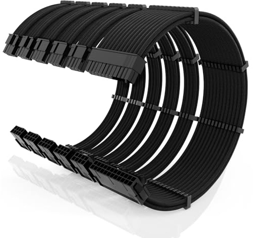 16AWG PSU Cable Extension Kit with Cable Combs,1x24pin ATX/2x8pin(4+4) EPS/3x8pin(6+2) PC Sleeved Cables 30cm Length,Power Supply Extension Cable Kit(Black)