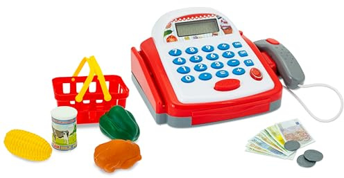Teorema Giocattoli, Spielzeugkiste für Kinder, Spielzeugkasse mit Scanner, realistische Geräusche, echter Taschenrechner und Supermarktzubehör im Lieferumfang enthalten