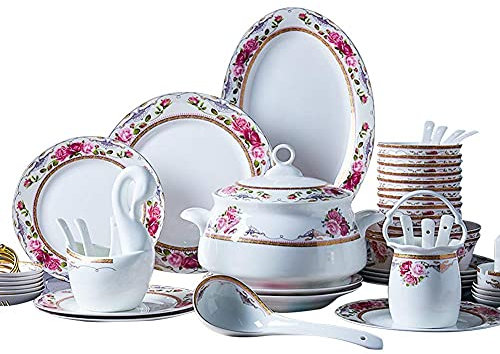 SQMGFA Service de Table en Porcelaine Anglaise, Vaisselle en Porcelaine, Service de Table en céramique, Service de Table raffiné, Compatible Lave-Vaisselle et Micro-Ondes, Multicolore, 56 pièc