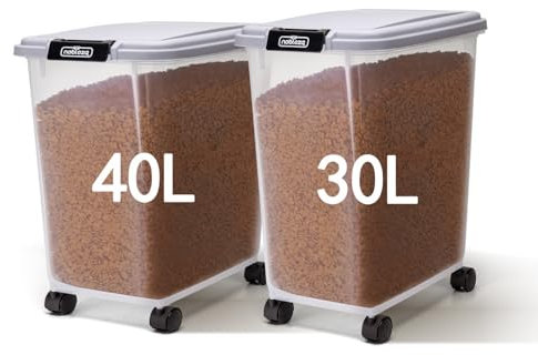 Nobleza - Contenedor de Comida para Mascotas 30+40L, Mascotas Caja de Alimentos con Ruedas, Tapa abatible, hermética, Transparente, Ruedas y Pala, para Perros y Gatos, Gris