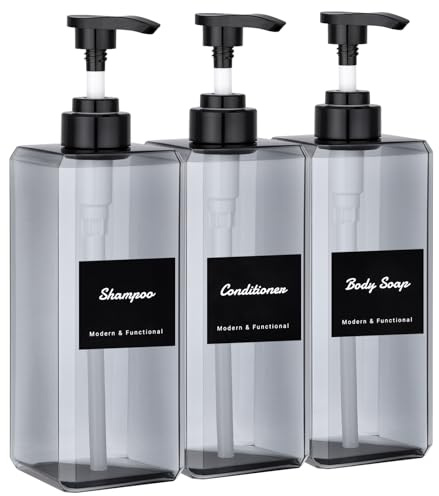 Segus Hand Wash Dispenser, 3 Pieces 800ml Grey Soap Dispenser, Refillable Shampoo Bottles with Pump, Bathroom Bottles with Labels, for Hotel, School, Restaurant