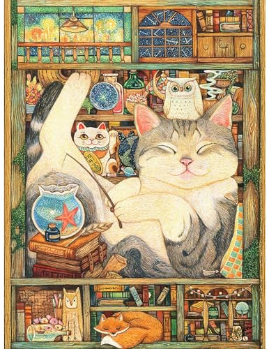PieceRelax PieceClicks Plastic Jigsaw Puzzle for Adults 1000 Pieces [U1072] | Cotton Lion - Break Time - 25.2 x 18.9 Inches, Cozy Bookshelf Cat Puzzle, Whimsical Library Animal Artwork