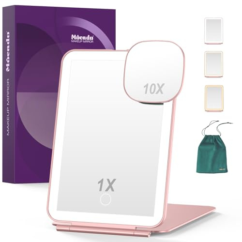 Mocado Rechargeable Travel Mirror, Makeup Mirror with Light | 1X/10X Magnifying Makeup Mirror with 3 Colors Lights, 72 LED Lights, Folding Mirror for Travel, Touch Screen - RoseGold