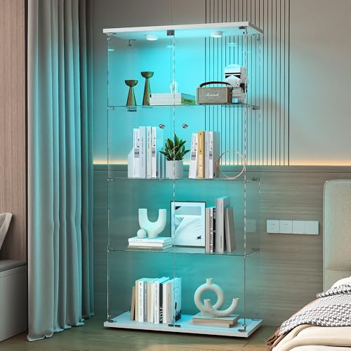 TIMORWTF Vetrina in vetro con LED, armadio vetrina per collezione, 2 ante a serratura, 4 ripiani regolabili, 164 x 80,5 x 36,5 cm, bianco