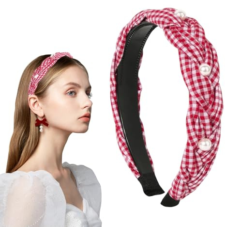 Damen Haarreif, Rot Weiß Trachten Haarreif, mit Perlen Kariert Geflochten Haarband, Oktoberfest Dirndl Haarschmuck, für Bierfest Bayrische Mottoparty Karneval Party Trachten Kostüm Accessoires
