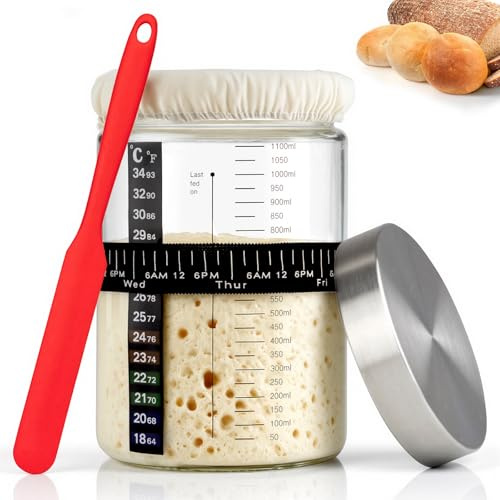 PITCH + PULSE Sourdough Starter Jar Kit, 1200ml Juego de Fermentación con Termómetro, Espátula Silicona, Reutilizable Suministros de Fermentación para Hornear en Casa