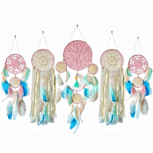 Handmade Dream Catchers Set of 5, Pink Boho Macrame Wall Hanging Decor for Women, Gift for Mother's Day, Birthday, Christmas, Housewarming, Nursery, Teen Girl Bedroom Aesthetic