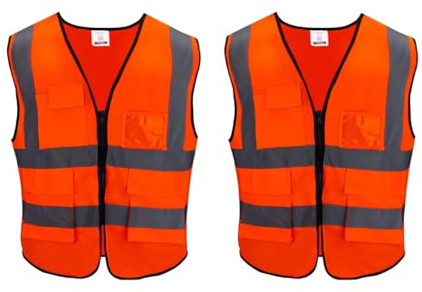 Windfromort Sicherheitsweste 2 PCS Warnweste Reflektierendes WarnschutzWeste - Zertifiziert Warnweste mit Reflektorstreifen mit Reißverschluss und Taschen Arbeitsweste - Orange
