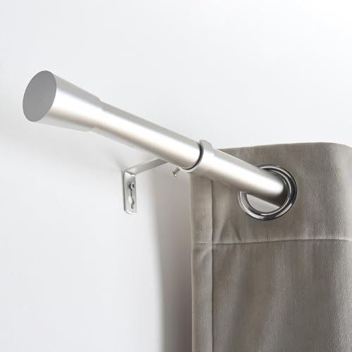 OHS Silver Curtain Pole for Eyelet Curtains 120 to 220cm, Extendable Curtain Pole 28mm Curtain Rod with Trumpet Finials Adjustable Metal Curtain Poles Brackets Included