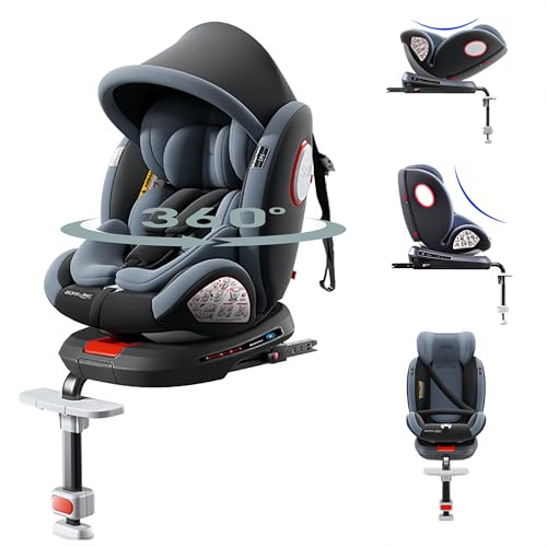 Aveainelle 360° Drehbarer Autositz Kindersitz mit Verstellbarer Kopfstütze, Multifunktional Verstellbarer Babysitz mit Abnehmbarem Sitzbezug, Verdeck und Fußstütze (Grey-High Version)