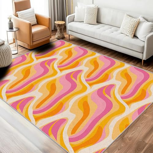 Bunt Zebra Teppich Groß 240 x 340 cm Wohnzimmer Mit Abstrakt Streifen 70er Retro Trend Vintage Muster, Bunt Zebra Bettvorleger Schlafzimmer Deko, Waschbar Teppiche Gegend Kurzflor Rutschfest