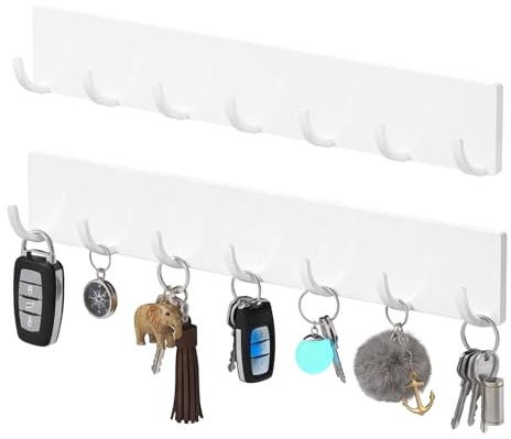 Toski Schlüsselbrett ohne bohren, 2 Stück Schlüsselhaken mit 7 Haken Weiß | Schlüsselhalter mit starkem klebrigem Kleber ohne Spuren, Schlüsselleiste für Wohnzimmer Küche, Home, Modern