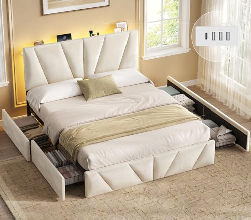 KIMENICH Bett 160x200, Samt Bett mit 4 Schubladen, Doppelbettgestell mit Steckdose & LED-Lichtband, 3-stufig höhenverstellbares Kopfteil, Schlafzimmer Stauraumbett, Beige Samt