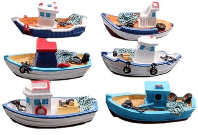 Lot de 6 bateaux de pêche miniatures – Style méditerranéen vintage pour maison de poupée, jardin féérique et micro paysage – Parfait pour les thèmes de l'océan, de la plage et de la mer (blanc et
