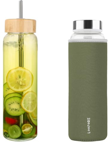 LOOFORE Glass Water Bottle 1000ml 1L with 2 Lids and Straw | Reusable, Bpa Free, Leakproof, Borosilicate Glass Drinking Bottle with Protective Sleeve for Gym, Sports & Workout, 1 Pack