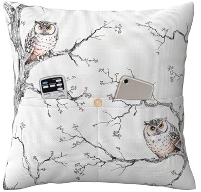 AUBKFELD Bedruckte Kissenbezüge mit Eulenmotiv, 40 x 40 cm, Leinen, weicher Kissenbezug mit Taschen für Couch, Bett, Auto