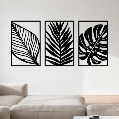 Ysislybin Wanddeko aus Metall, 3 Stück Schwarz Metallbilder Moderne Minimalistische Metall Wanddekoration Tropische Palmenblatt Wanddekoration Abstrakte Boho für Schlafzimmer Wohnzimmer