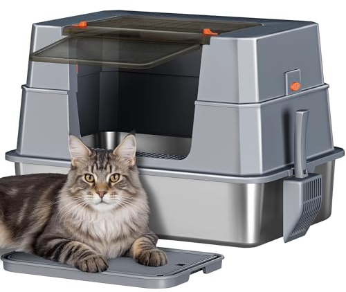 Fobyfurny Edelstahl Katzenklo mit Deckel XXXL, 70 x 50 x 45 cm, Dunkelgrau | Geschlossene Metall Katzentoilette, 105° Klappbar Deckel, Inklusive Pedal und Schaufel, Leicht zu Reinigen, Modulares Design