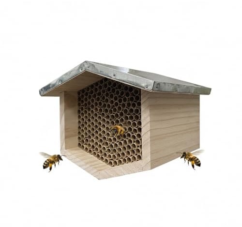 Relaxdays Bienenhotel, Holz, wetterfestes Metalldach, Pappröhrchen, Garten, Insektenhotel zum Aufhängen, Natur/Silber