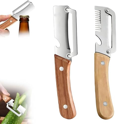 2 peladores de cocina multifuncionales con mango de madera, pelador de verduras, pelador multifuncional con mango de madera y abrebotellas integrado para frutas (C)