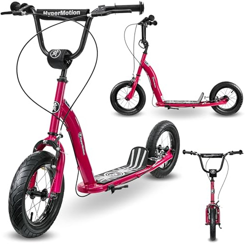 HyperMotion Kinder Scooter 5+ Fuchsia Magenta Pumpen Räder 12 Zoll Einstellbare Lenker Handbremsen Breite Podest Stahlkonstruktion bis 50 kg