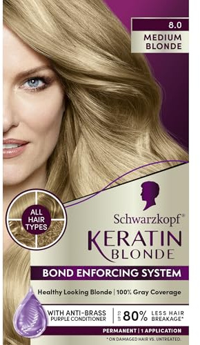 Schwarzkopf Keratin Blonde Hair Dye, 8.0 Medium Blonde, Professional Quality Permanent Hair Color, Bond Enforcing System, Pre-Color Serum & Purple Conditioner Included