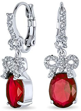 Urlaub Braut Hochzeit Vintage-Stil Aaa Kubischer Zirkon Simuliert Rubin Rot Cz Akzent Band Bogen Oval Tropfen Ohrringe Für Frauen Versilbert Hebel Zurück Juwel Farben