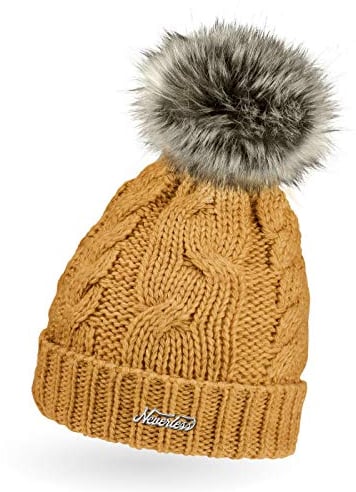 Neverless® gefütterte Damen Strickmütze mit Fell-Bommel und Fleece Futter, Winter-Mütze, Bommelmütze Mustard Unisize