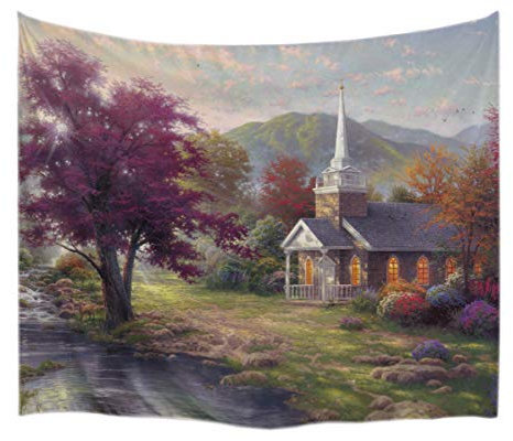 A.Monamour Wanddekor Wandbild Vorhang Wandteppiche Altes Ölgemälde Kunst Bild Druck Gebäude Am Meer Berge Landschaft Landschaft Polyester Stoff Wand Hängen Tapisserie Für Wand Dekore 153x102cm