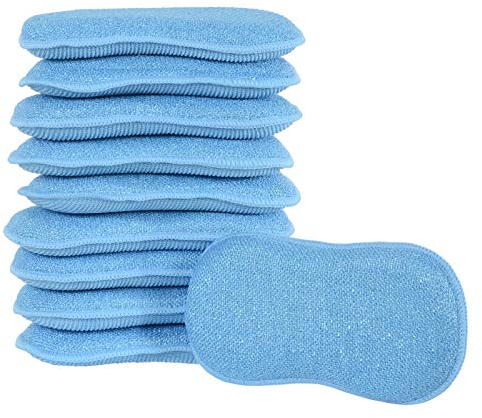 10 Pack of Micro-Pro Duo Action Antibacterial Cleaning Pads Microfibre Cloths Sponge Scourers Dusters For Home Kitchen Bathroom Shower Bath Scrubbing Dusting Wiping Polishing Washing Up Dishes - Blue