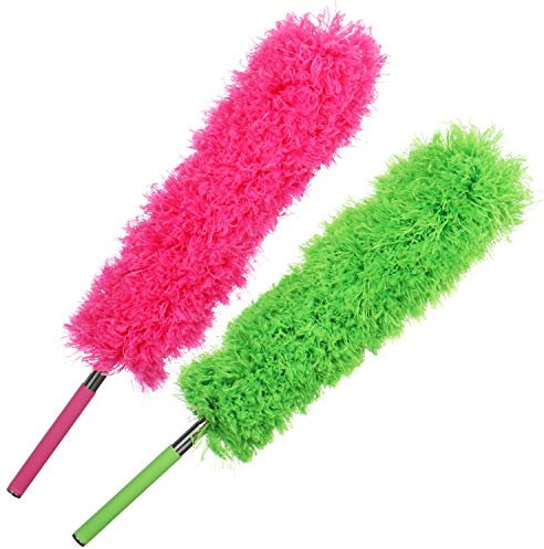 COM-FOUR® 2X Plumero con Mango Telescópico 55 cm a 145 cm, Flexible, Curvable – Plumero con Mango Telescópico para Techos Altos [Elección Variable] (02 Piezas - Coloridas hasta 145 cm)