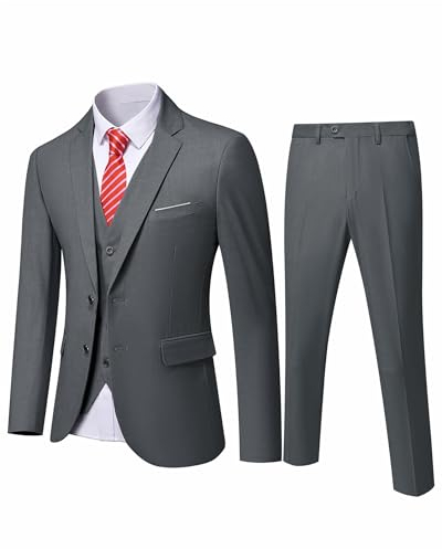 YND Herren-Anzug-Set, schmale Passform, 2 Knöpfe, 3-teilig, einfarbig, Blazer, Jacke, Weste, Hose und Krawatte, Tiefes grau, S