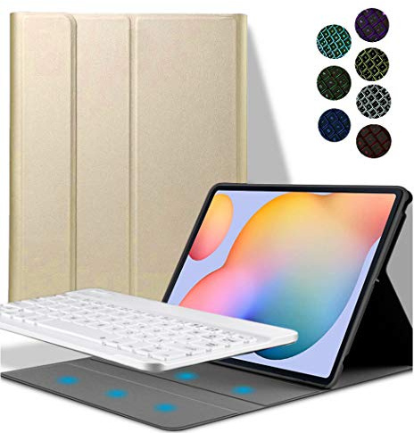 YGoal Tastatur Hülle für Galaxy Tab S7 Plus,(QWERTY Englische Layout) 7 Colors Backlit Ultradünn PU Leder Schutzhülle mit Abnehmbarer drahtloser Tastatur für Samsung Galaxy Tab S7 Plus T970/975, Gold