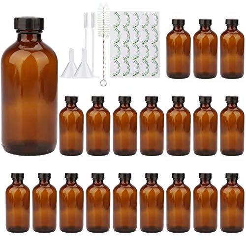 COMUDOT 8oz Durable Glass Bottle, Reusable Glass Bottles with Airtight Lid for Shampoo, Conditioner, Essential Oils, Set of 20 (Brown)