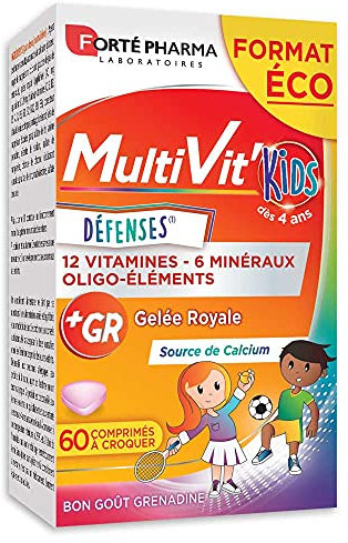 Forté Pharma - Multivit Kids | Complément Alimentaire Forme - Tonus - Enfants de 5 ans et plus - 12 Vitamines, 7 Minéraux - Gelée Royale, Calcium, Vitamine C | 60 comprimés à croquer