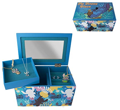 Disney Lilo and Stitch My Happy Place Silk Screen Print Blue Jewelry Box Jewelry Organizer, Officially Licensed