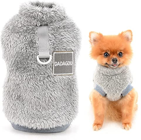 SMALLLEE_LUCKY_STORE Pull en Polaire Sherpa pour Animal Domestique Col roulé Pull avec Anneau en D pour Petits Chiens Chats, Chiots Yorkshire Chihuahua vêtements Chauds, Gris, S
