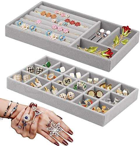 Huanmin 2 Stück Schmucktablett Samt Schmuckaufbewahrung Aufnehmbar Schmuck Organizer Schublade Stapelbar Schmuckkästchen ersetzt für Halsketten&Armbänder&Ohrringe&Ringe&Uhren –Grau (B)