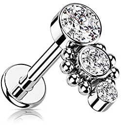 Treuheld® Labret Piercing mit 3 Kristallen und Verzierung | Größe: 1.2mm x 8mm | Farbe: Silber